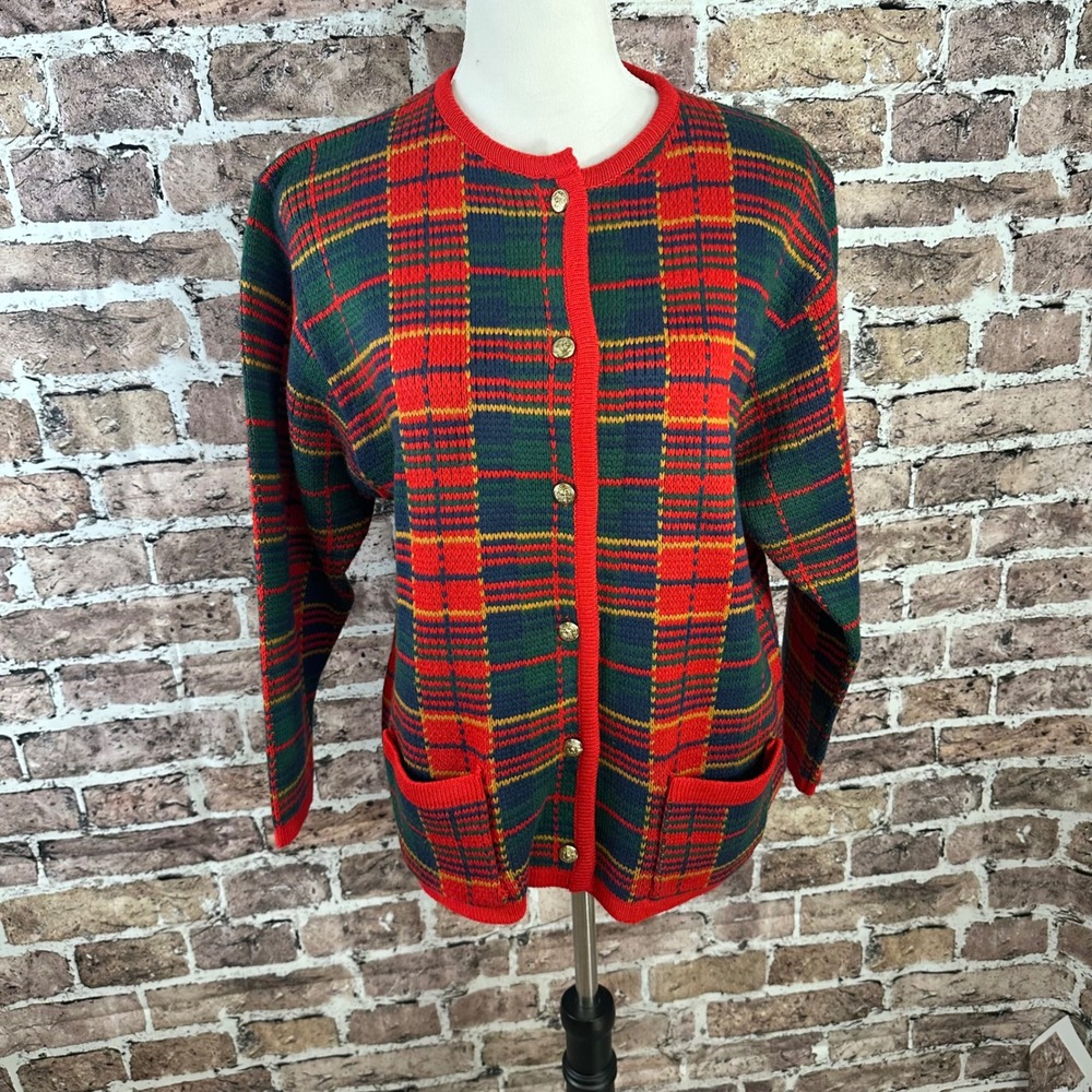 Chandler‎ Hill Women's Plaid Button Up Cardigan Sweater Red Green Blue Gold L